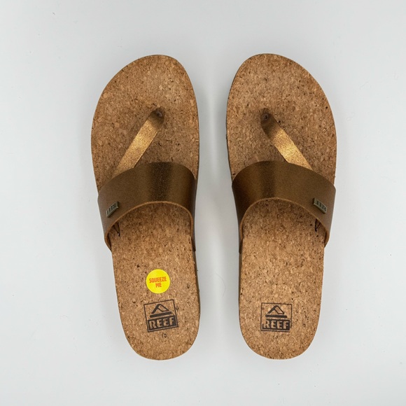 Reef Cushion Sol Hi Wedge Sandal size 10- metallic straps, cork footbed, chunky - Picture 2 of 7